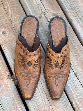 Sonora Double H Western Mules 8 Brown Leather Pointy Toe Low Block Heel Y2K Boho